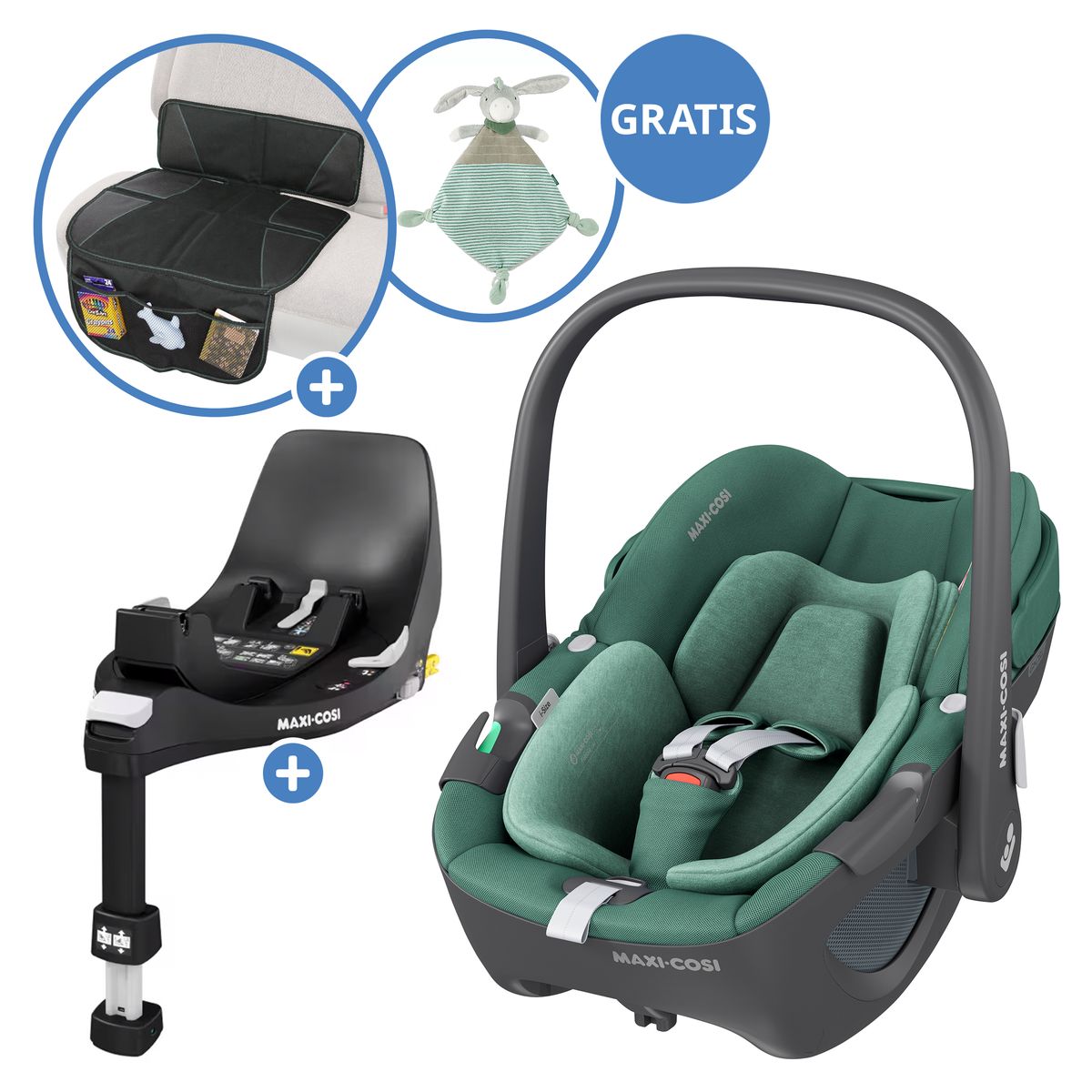 Maxi-Cosi Pebble 360 i-Size Babyschale, drehbar ab Geburt bis 15 Monate inkl. Isofix-Basis FamilyFix 360, Schutzunterlage & Schmusetuch - Essential Green