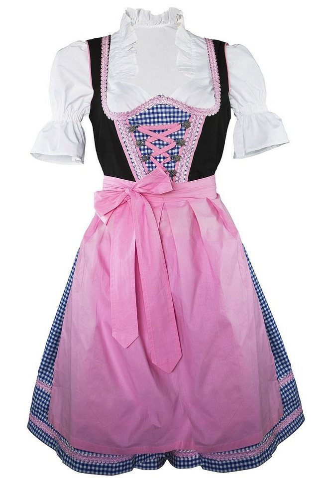 Edelnice Dirndl 3-teilig, Blau-weiß kariert, mit schwarzem Oberteil und rosa Schürze