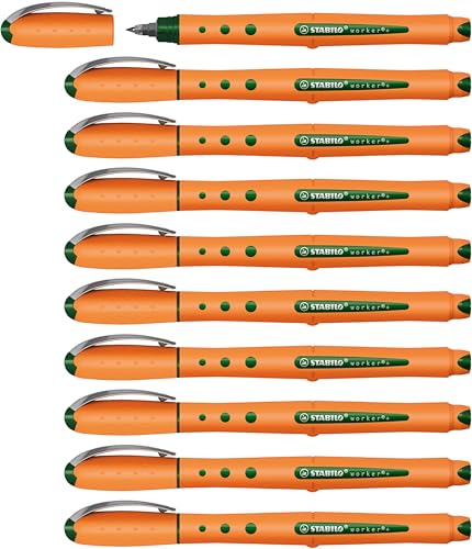 STABILO worker+ fine, Tintenroller Schreibstift mit rutschfester Oberfläche, feine Strichstärke 0,3 mm, grün, Kappe mit Clip