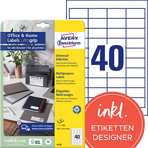 AVERY Zweckform 6126 Adressaufkleber (400 Klebeetiketten, 48,5x25,4 mm auf A4, bedruckbare Universaletiketten, selbstklebende Adressetiketten mit ultragrip, ideal fürs HomeOffice) 10 Blatt, weiß