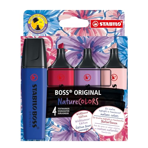 STABILO BOSS ORIGINAL NatureCOLORS Wildflower, Textmarker 4er Pack in rouge, ultramarinblau, grauviolett, burgunderrot, mit Anti-Dry-Out-Technologie und 2 Strichbreiten
