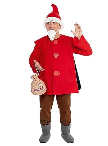 Maskworld Sandmännchen Kostüm für Erwachsene, Größe M, inklusive rotem Mantel mit grünem Cape, Zipfelmütze, Bart und Beutel, offiziell lizenziert für Karneval & Fasching
