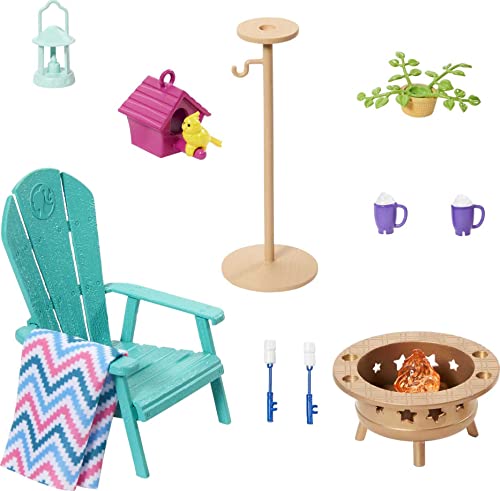 Barbie Mobilier – HJV33 – Dekorationsset für Puppenhaus Barbie – Gartenterrasse, Lagerfeuer, Vogelhaus und Vogelhaus