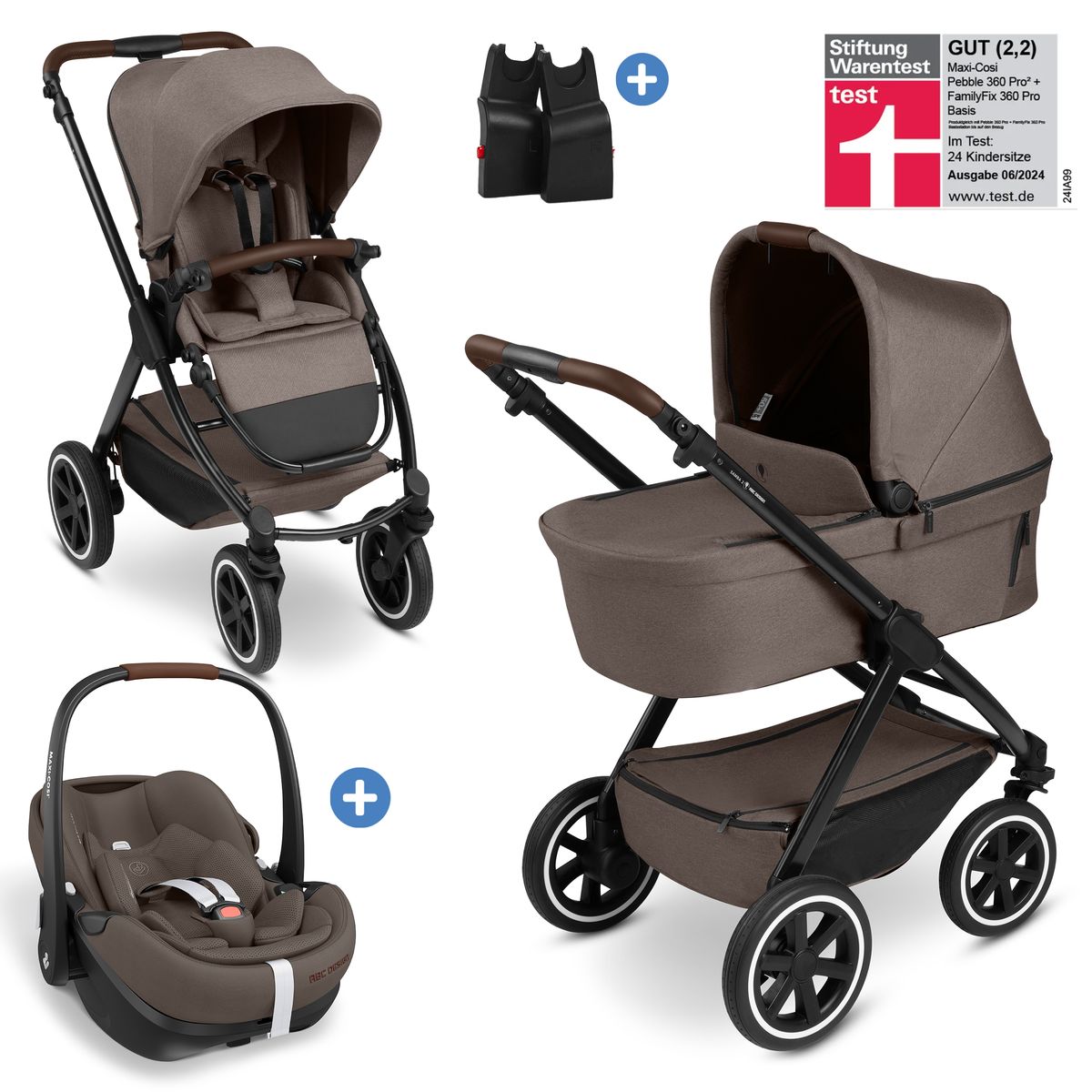 ABC Design Samba 2 3in1 Kombi-Kinderwagen-Set, inkl. Maxi Cosi Pebble Pro2, Babywanne, Sportsitz, Adapter - Pure Nature, mit Gratis Mobilitätsgarantie