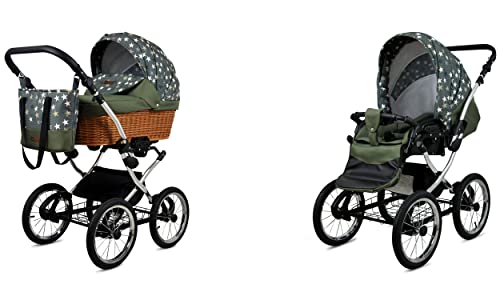 Babylux BabyLux ALU 2in1 Kinderwagen für Kleinkinder – Olive Star Silver Frame, Multifunktional, Sicherheitsgurte, Leicht faltbar