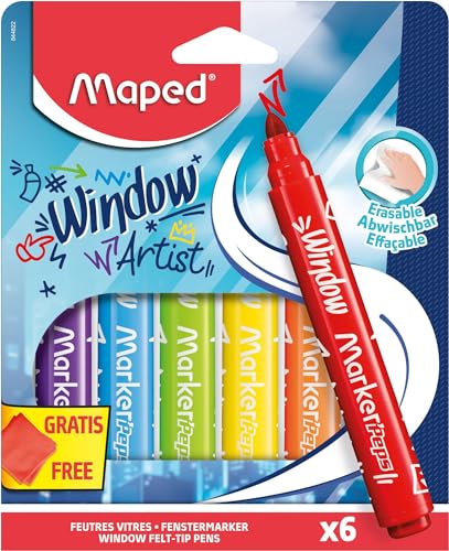Maped - Fenstermarker MARKER'PEPS WINDOW - abwischbarer Glasmarker, breite 5 mm Spitze, inkl. Mikrofasertuch - rot, gelb, grün, blau, orange, lila