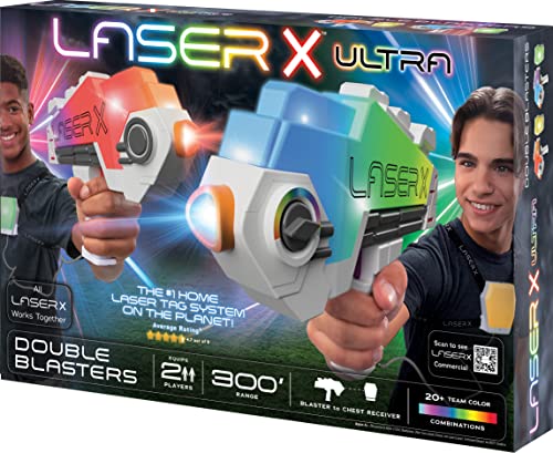 Laser X Ultra Double Blasters (20368), Blaster-Set für 2 Spieler mit 90 m Reichweite, 20 Farbvarianten, Licht- und Soundeffekten