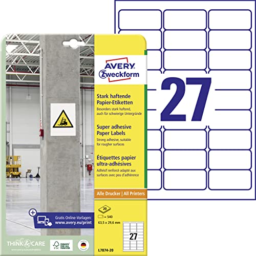 AVERY Zweckform L7874-20 Stark haftende Etiketten (540 Aufkleber, 63,5x29,6mm auf A4, extrem stark selbstklebend, auch für schwierige Oberflächen, bedruckbare Power Klebeetiketten) 20 Blatt, weiß