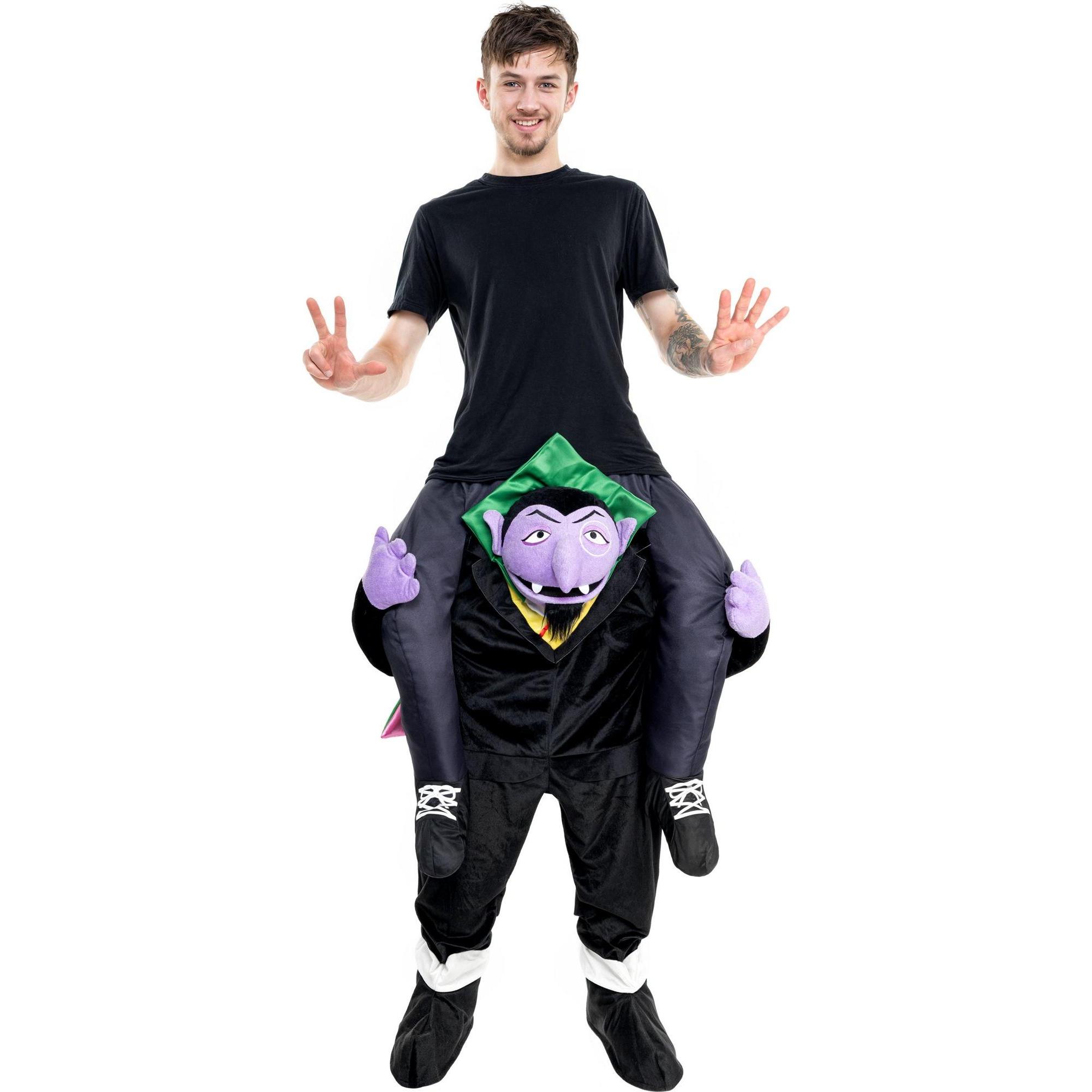 Maskworld Die Sesamstrasse – Graf Zahl Huckepack Kostüm, einteiliges Hosenkostüm in Schwarz mit Füllmaterial für Arme und Kopf, Einheitsgröße für Erwachsene