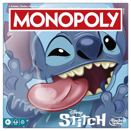 Hasbro Monopoly Stitch, Disney Lilo & Stitch Edition, Brettspiel für 2 bis 4 Spieler, 30 Minuten Spielzeit, ab 8 Jahren mit 4 einzigartigen Spielsteinen und Strandhäusern
