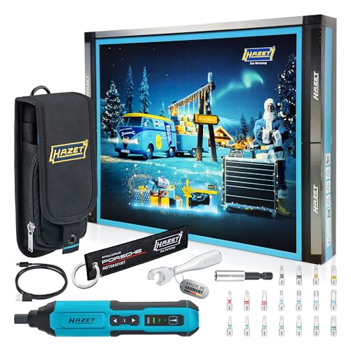 HAZET Werkzeug Adventskalender 2025, 24-teilig mit Akku-Schrauber, LED-Licht und ergonomischem Softgrip-Griff