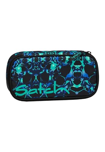 satch Schlamperbox extra groß Caleido Blue - Schwarz inkl. Trennfach, Reißverschlussfach, Stiftehalter, Geodreieck und Sichtfenster für Stundenplan