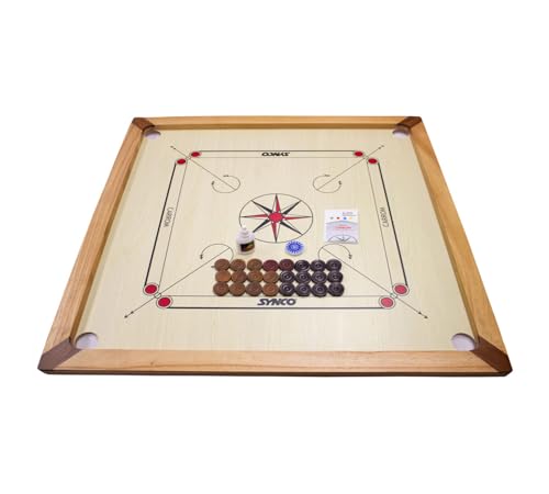 GICO Carrom Board Turnier Synco 74x74 - Hochwertiges Spielbrett mit Gleitpulver und Transporttasche