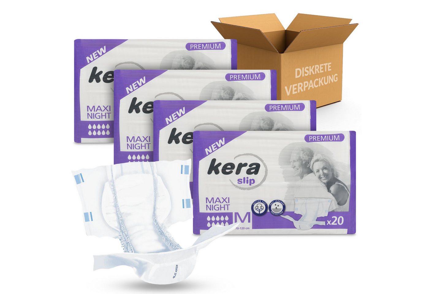Kera Windeln Inkontinenz Slip MAXI NIGHT PREMIUM saugstarke Windeln für Erwachsene (Atmungsaktiv, doppelter Auslaufschutz, 80-St., Cotton Feel), Nachtgebrauch
