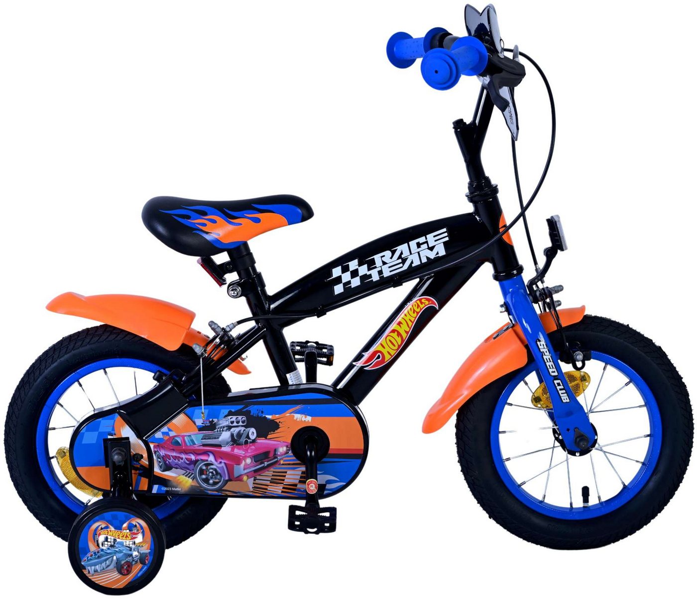 Volare Kinderfahrrad Hot Wheels 12 Zoll, 1 Gang, ohne Schaltung, schwarz-Blau-Orange, mit Handbremsen und geschlossenem Kettenschutz
