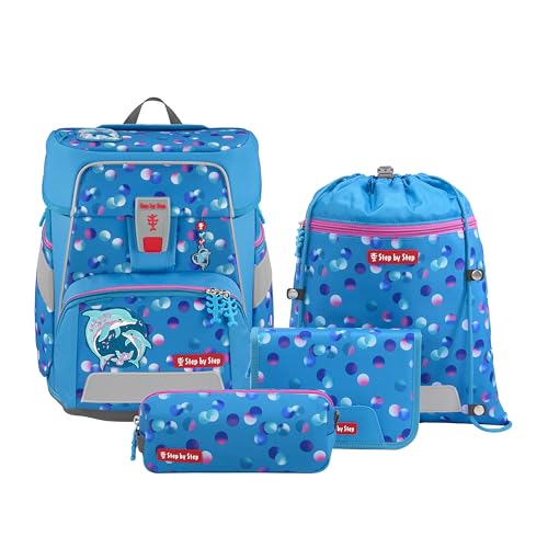 Step by Step Schulranzen-Set Space „Dolphin Finja“, 5-teiliges Rucksack-Set in blau mit Delfin-Design, ergonomisch, höhenverstellbar, 20L, inkl. reflektierenden Elementen und MAGIC MAGS