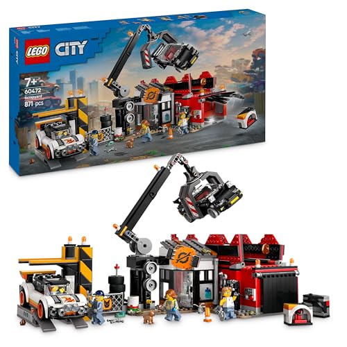 LEGO City Schrottplatz mit Autos - Spielzeug mit Schrottpresse und Kran, 2 Spielzeugautos, 4 Arbeiter Minifiguren & Bürogebäude - Geburtstagsgeschenke für Jungen und Mädchen ab 8 Jahren 60472 - Lernspielzeug zur Wiederverwertung