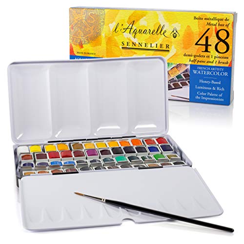 Sennelier Aquarelles Metalldose Set mit 48 halben Näpfen und 1 Pinsel, ideal für Aquarellmalerei