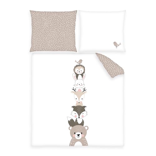 Herding babybest Wiegenbettwäsche Woodland Crew, 100% Baumwolle, Kopfkissenbezug 35 x 40 cm, Bettbezug 80 x 80 cm, Farbe Weiß/Beige, mit Hoteleinschlag