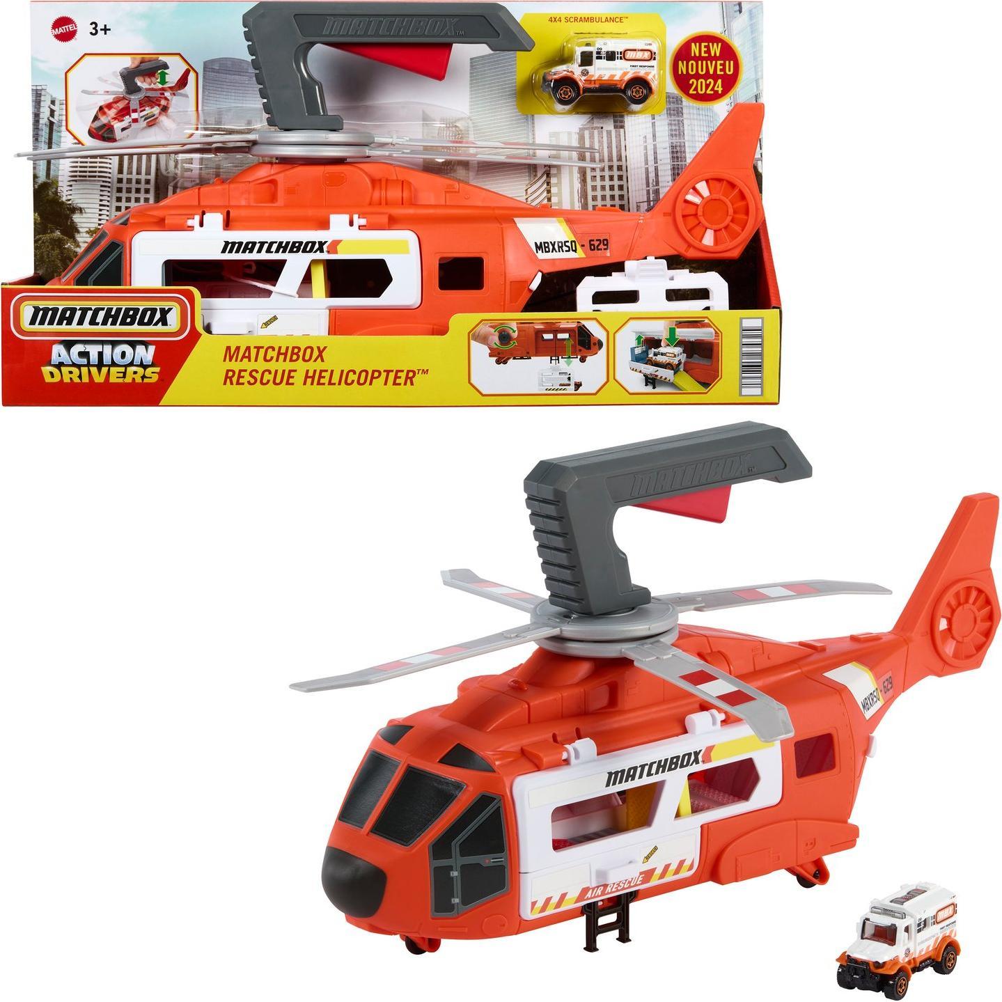 Matchbox Transport Helicopter, Rettungshubschrauber mit durch Bedienung aktivierbarem Propeller, Winde und 1:64 Die-Cast-Rettungswagen, 40 cm