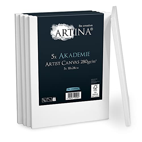 Artina FSC® Keilrahmen 5er Set Akademie 18x24 cm – Leinwand Set Maltuch aus 100% Baumwolle Leinwände 280 g/m² - Keilrahmenset Leinwand zum Bemalen für Acryl-, Aquarell-, Ölfarbe uvm