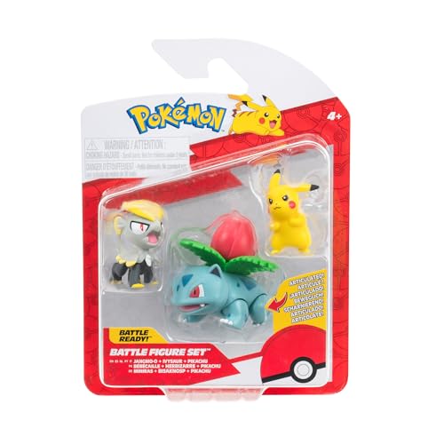 Pokémon PKW3893 Battle Figure Set, Pikachu (5 cm), Miniras (5 cm), Bisaknosp (7,5 cm), bewegliche Sammelfiguren, offiziell lizenziert