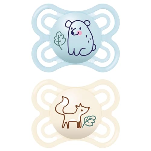 MAM Perfect Schnuller im 2er-Set, für eine gesunde Zahn- und Kieferentwicklung, aus nachhaltigen Materialien, 0-6 Monate, Bär/Fuchs