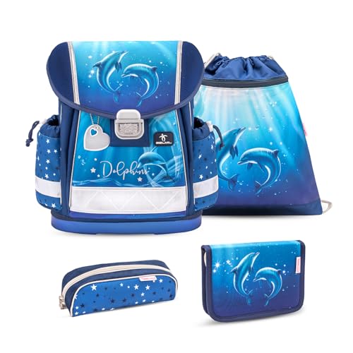 Belmil Classy Schulranzen Set 4-teilig (403-13/AG/S), ergonomischer Schulranzen mit Brustgurt, 19 L, wasserdichtes Polyester, Design Dolphins 2025
