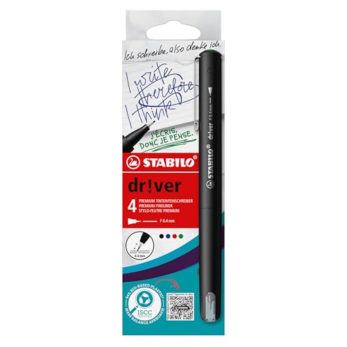 STABILO dr!ver Fineliner-Set, 4er Set in schwarz, rot, blau und grün, 0,4 mm Strichstärke, gefederte Spitze, gummierter Griff, biobasierter Kunststoff