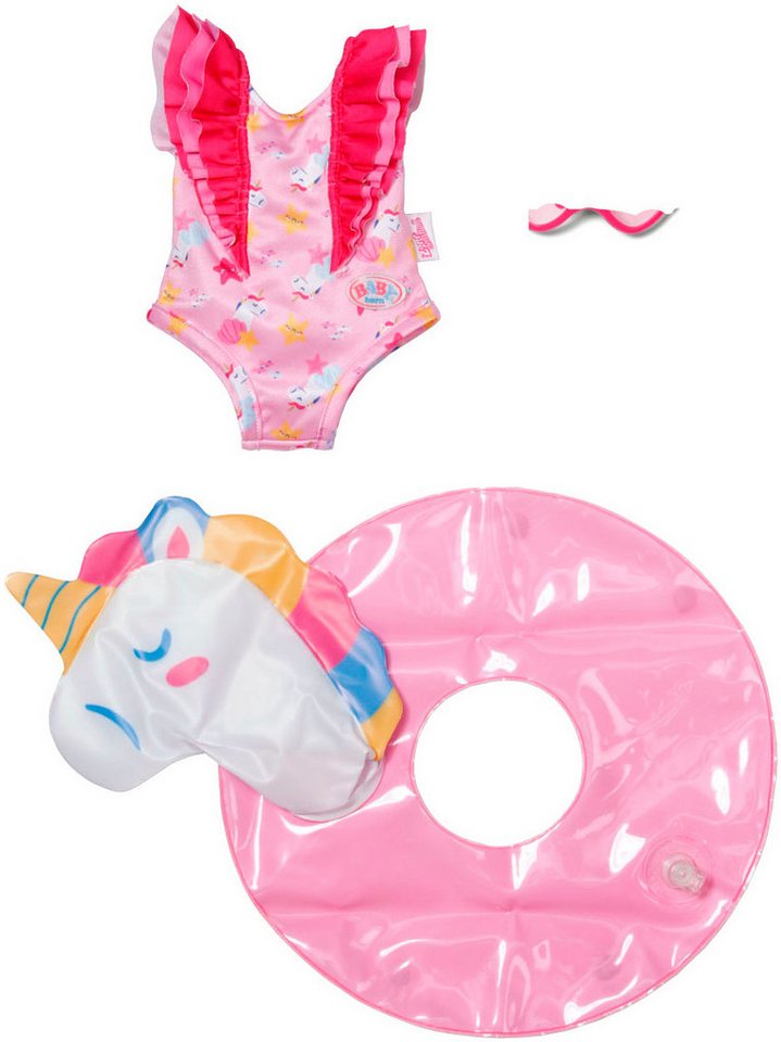 Baby Born Puppenkleidung Schwimm-Set Einhorn, Badeanzug mit Herzchen-Sonnenbrille und aufblasbarem Einhorn-Schwimmreifen, 43 cm