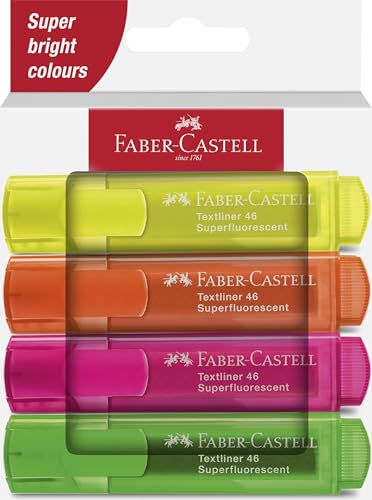 Faber-Castell 254644 Textliner 1546 Textmarker, Neonfarben, 4 Stück - Leuchtende Neonfarben, nachfüllbar, 3 Breiten, grün, gelb, rosa, orange