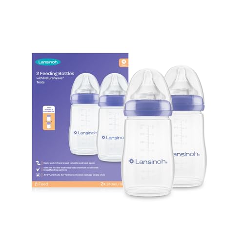 Lansinoh Anti-Kolik-Babyflasche, 2 Stück, 240 ml, NaturalWave® Sauger zur Reduzierung von Brustwarzenverwirrung, BPA- und BPS-frei, mit stapelbarem Deckel für Kühlschrank und Gefrierschrank