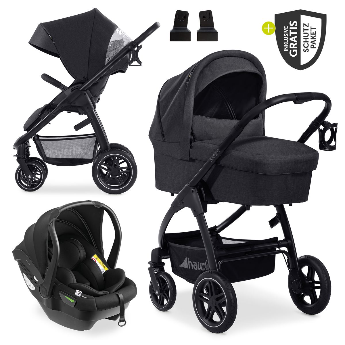 Hauck Saturn R 3in1 Kinderwagen-Set, inkl. i-Size Babyschale Drive N Care, Melange Black, mit XXL Zubehörpaket und Gratis Mobilitätsgarantie