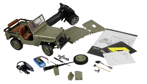 Amewi Ferngesteuerter Jeep Willys MB Scale Crawler 4WD mit Seilwinde, 1:14 RTR, grün, mechanisches 2-Gang-Getriebe, LED-Beleuchtung, robuste Metallteile