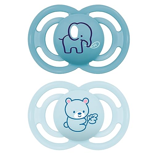 MAM Perfect Schnuller im 2er-Set, für eine gesunde Zahn- und Kieferentwicklung, Baby Schnuller aus nachhaltigen & bio-erneuerbaren Materialien, mit Schnullerbox, 6-16 Monate, Elefant/Bär