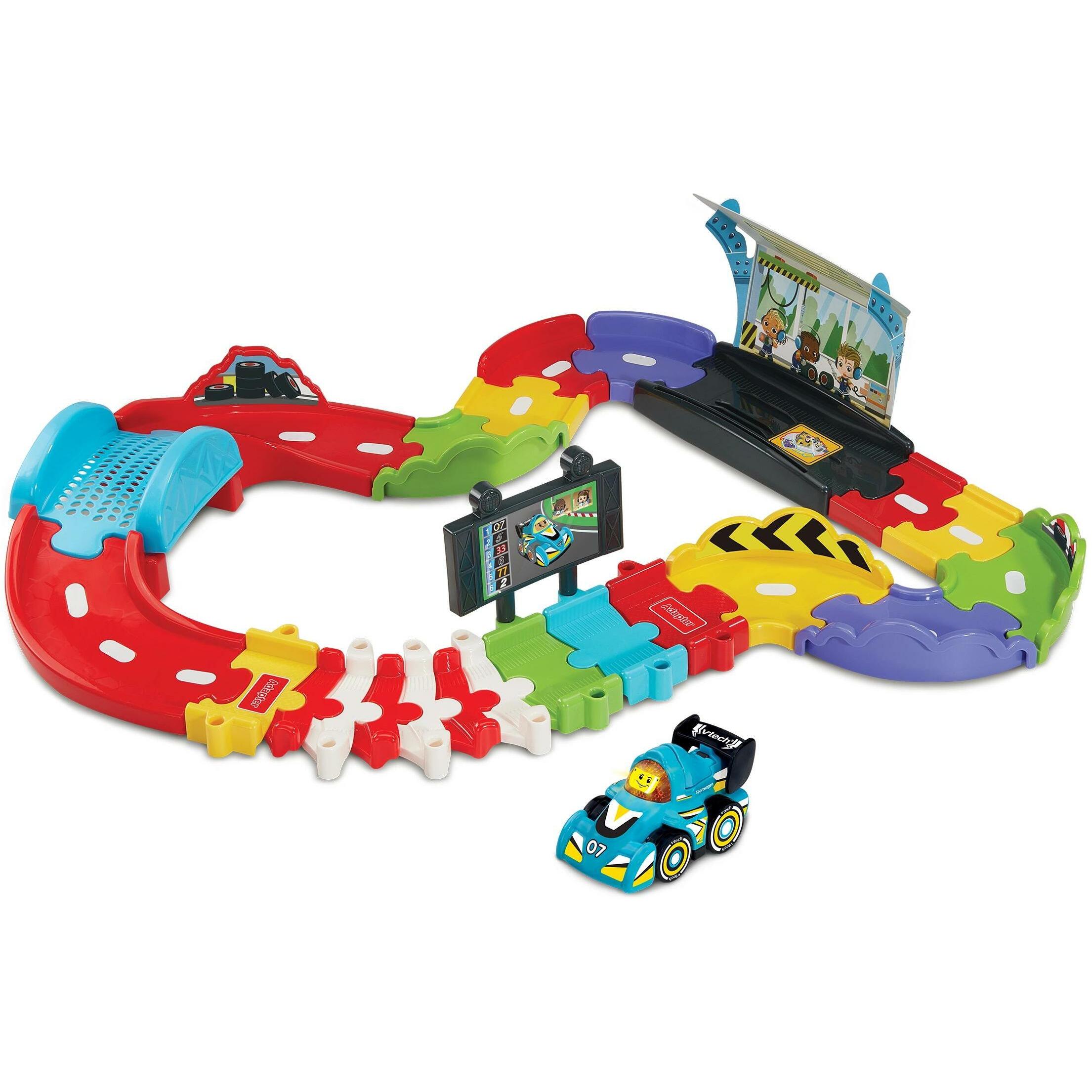 VTech Tut Tut Baby Flitzer - Kleine Rennstrecke, Pit Stop Playset mit Sportwagen, 3 Lieder und 6 Melodien, erweiterbar und kompatibel