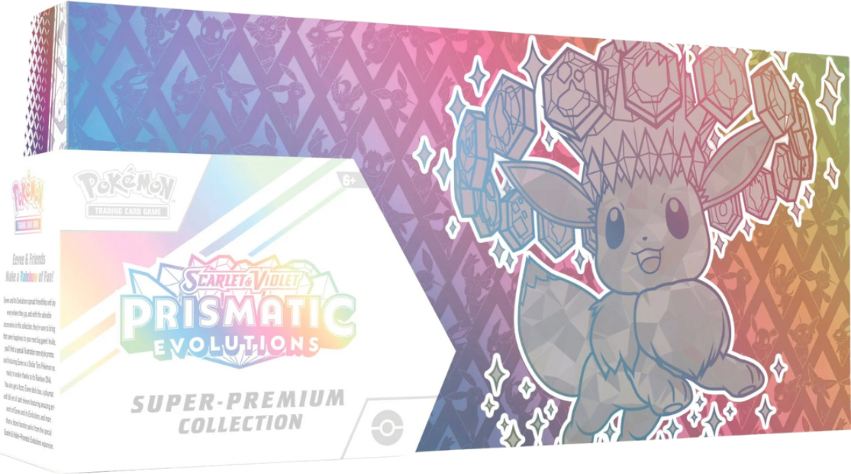 Nintendo Pokémon TCG: SV8.5 Prismatische Evolutionen Super Premium Kollektion, enthält 15 Booster-Packs, exklusive Eevee Promo-Karte, Deckbox, Spielmatte und 65 Kartenhüllen mit Eevee-Motiv