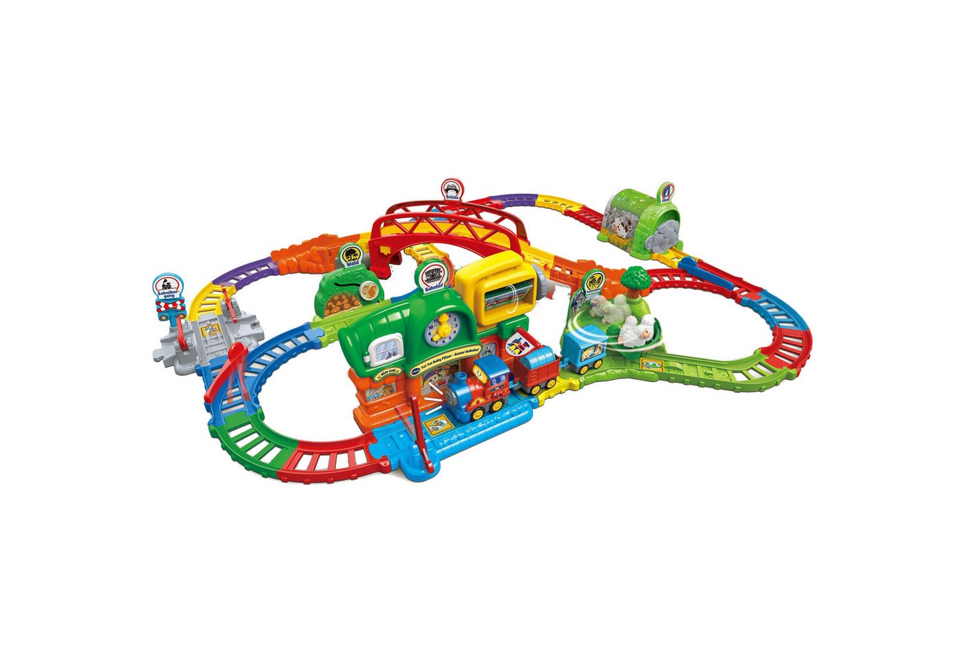 Vtech® Tut Tut Baby Flitzer Spielset - Bunter Bahnhof mit motorisiertem Zug, 19 Schienenteilen und interaktivem Bauernhof