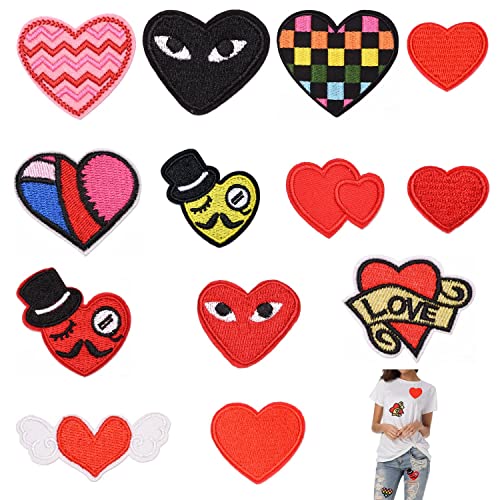 Flicken zum Aufbügeln Kinder Erwachsene, 13 Stück Herz Patches zum Aufnäher Set, Embroidered Iron on Patches DIY Accessories, Bügelbilder für Aufnähen oder Aufbügeln auf Kleidung, Kleid, Jeans