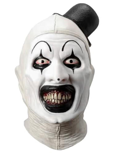 Tinsley Transfers Terrifier 3 – Art the Clown Maske aus Latex, lizenzierte Horrorverkleidung für Erwachsene, weiß mit Hütchen