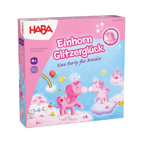 Haba Einhorn Glitzerglück, Brettspiel für Kinder zur Willkommensparty mit Glückswürfeln und -rad