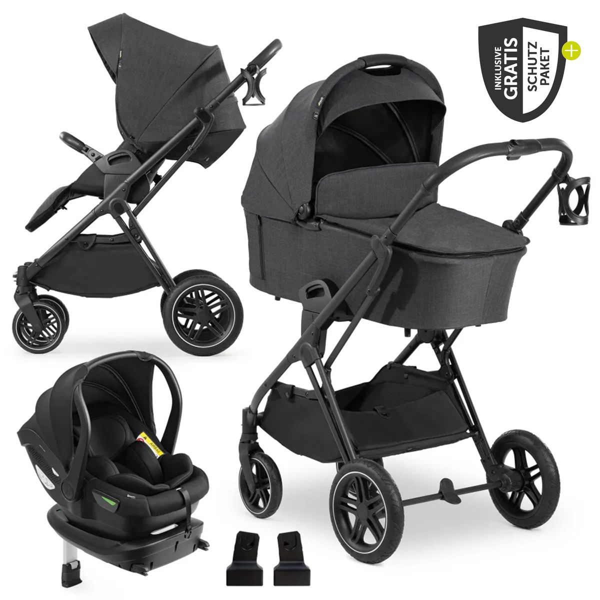 Hauck Vision X 4in1 Kinderwagen-Set, inkl. i-Size Babyschale & Isofix Base, Melange Black, mit XXL Zubehörset und gratis Mobilitätsgarantie
