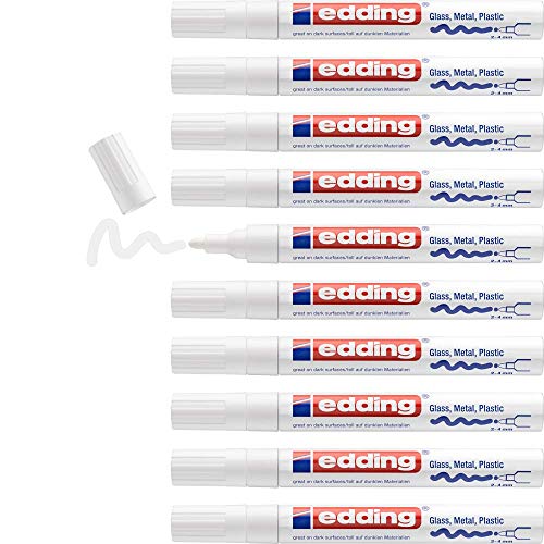 edding 750 Glanzlackmarker, 10 Stück weiß, Rundspitze 2-4 mm, wasserfest und stark deckend für Glas, Stein, Holz, Kunststoff und Papier
