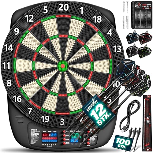RE:SPORT® Dartscheibe Elektronisch Profi Set, E-Dartautomat für 1–8 Spieler mit 427 Varianten, 12 Softdarts, 24 Flights, LED Anzeige und umfangreichem Zubehör