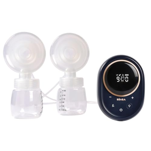BÉABA Elektrische Doppel-Milchpumpe, halb liegend anwendbar, 3 Modi, 9 Stufen, geräuschlos, großes Fassungsvermögen 180mL, Nachtlicht, Timer, Memory-Funktion, Night blue