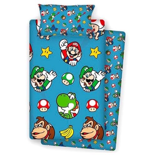 Nintendo Juego de Sábanas Super Mario Bros NW1038, Kinderbettwäsche aus 65% Baumwolle und 35% Polyester, 160x270cm, für 90cm Bett