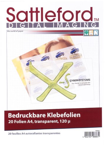 Sattleford Klebefolie zum bedrucken: 20 Klebefolien A4 transparent für Inkjet (Etiketten transparent Inkjet, Transparente Klebefolie bedruckbar, durchsichtige Tintenstrahldrucker)