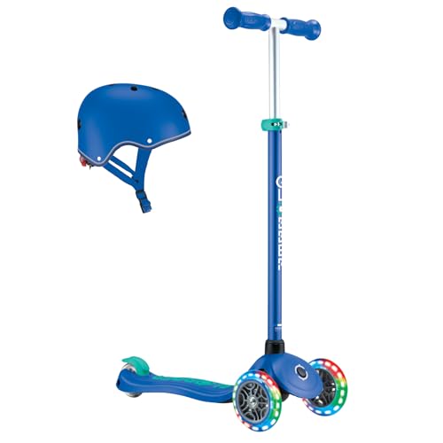 Globber Primo Plus Lights - Kinder Tretroller und Helm, 3-rädrig, LED-Leuchtrollen, blau