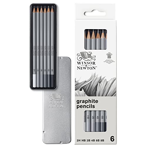 Winsor & Newton 490006 Bleistifte - Skizzierstifte Set in Metallbox, 6 Stück, Härtegrade 2H, HB, 2B, 4B, 6B, 8B