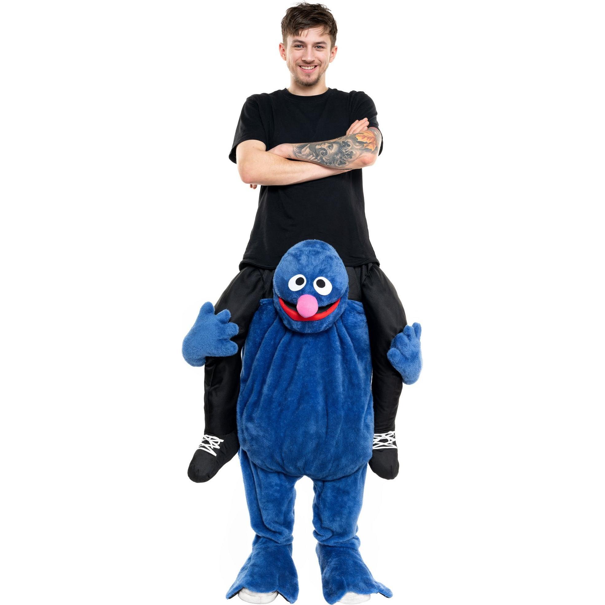 Maskworld Die Sesamstrasse – Grobi Huckepack Kostüm, knallblaues Hosenkostüm mit ausgeformten Füßen, Einheitsgröße für Erwachsene